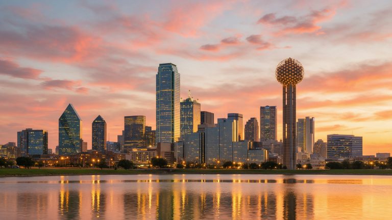 Dallas skyline at sunset with Reunion Tower