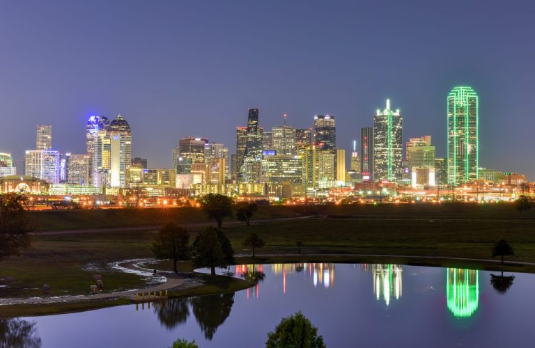 Downtown Dallas skyline at night from the Trinity River