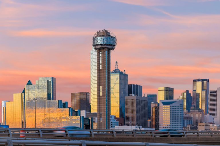 Dallas skyline and Reunion Tower at twilight